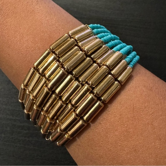 🧜🏼‍♀️ ⚜️3 for $30⚜️ Mermaidcore Blue Gold Beaded Cuff Bracelet Adjustable - Picture 4 of 10